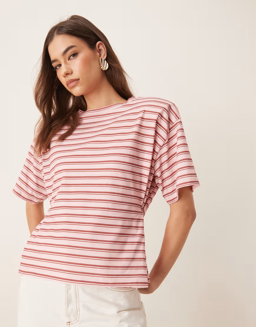 ASOS DESIGN stripe cinched t-shirt with shoulder pads in pink | ASOS (Global)