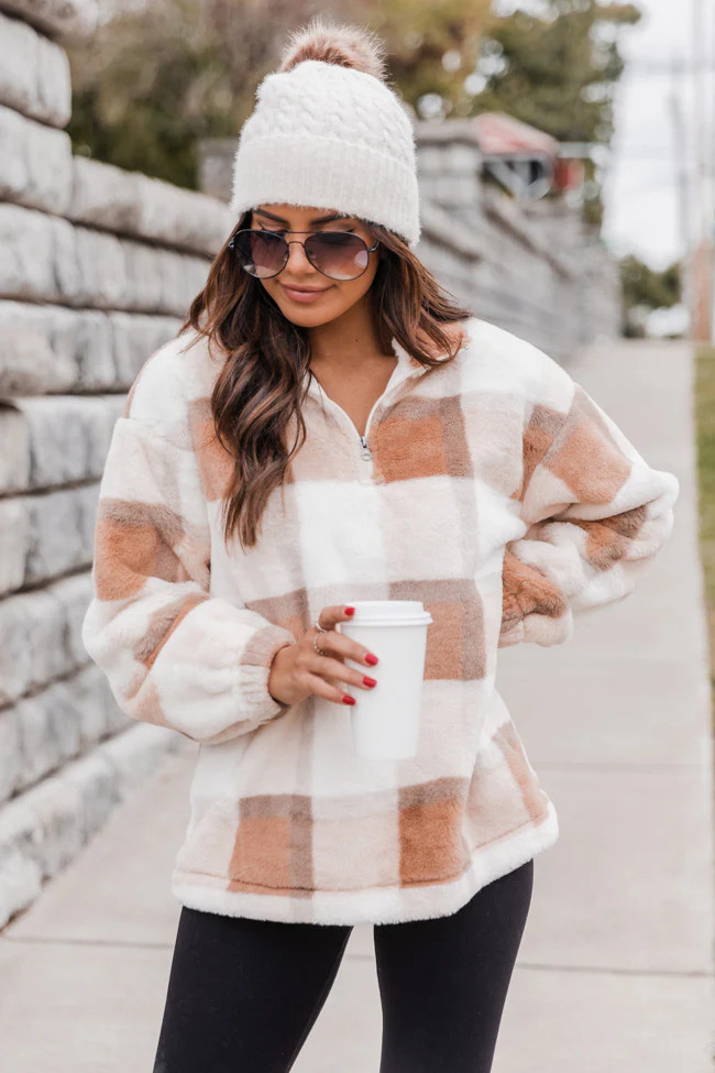 Canvas Sunsets Tan Plaid Fur Quarter Zip Pullover FINAL SALE | The Pink Lily Boutique