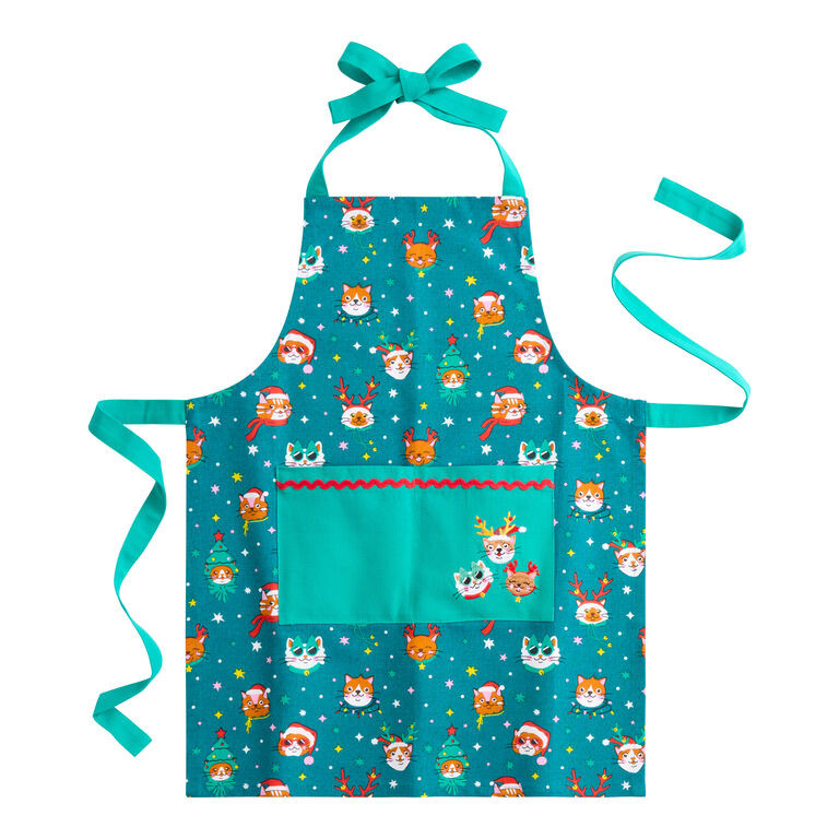 Kid's Teal Festive Holiday Cats Apron | World Market