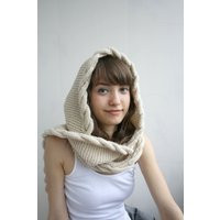 Hand Knit Wool Hooded Scarf Beige Cable Cowl | Etsy (US)