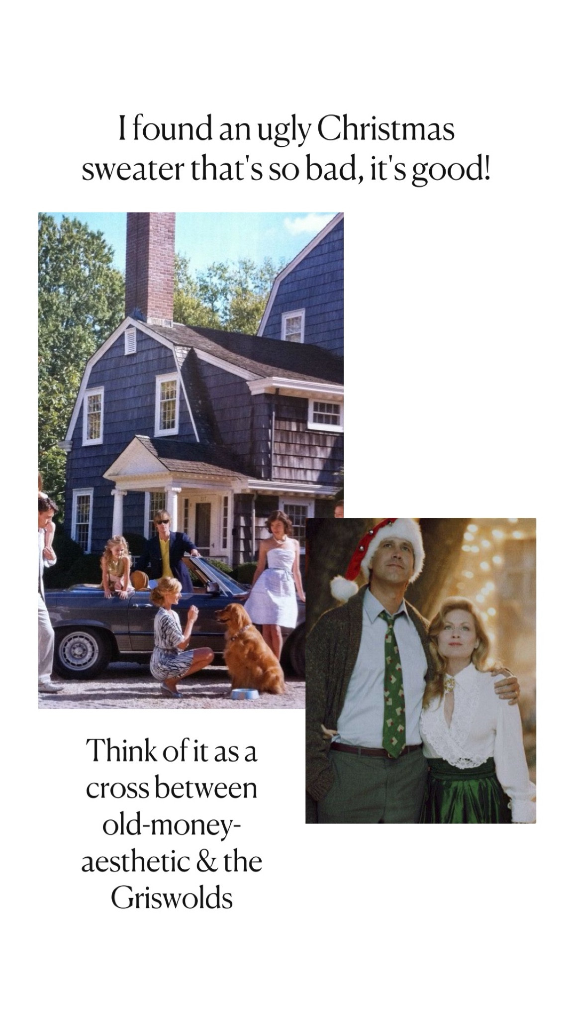 Ugly Christmas sweater season is here, and this one’s giving ‘heirloom from Great Aunt Muffy meets the Griswold family newsletter.’ Perfect for sipping spiked eggnog and dodging small talk at the office party. Timeless chaos, wrapped in holiday charm.

#UglyChristmasSweater #HolidayStyle #ChristmasPartyVibes #OldMoneyAesthetic #GriswoldStyle #HolidayWardrobe #FestiveFashion #CozyHolidayLooks #ChristmasChic #QuirkyHolidayOutfit  
