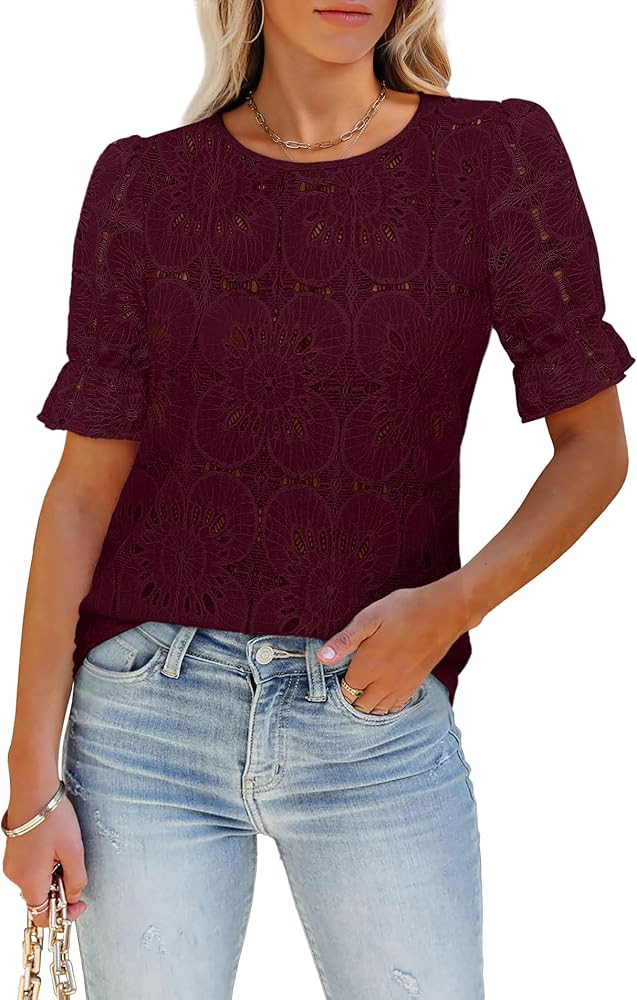 Women's Eyelet Tops Puff Short Sleeve Blouses Dressy Casual Cute Hollow Out Crochet Lace Embroide... | Amazon (US)