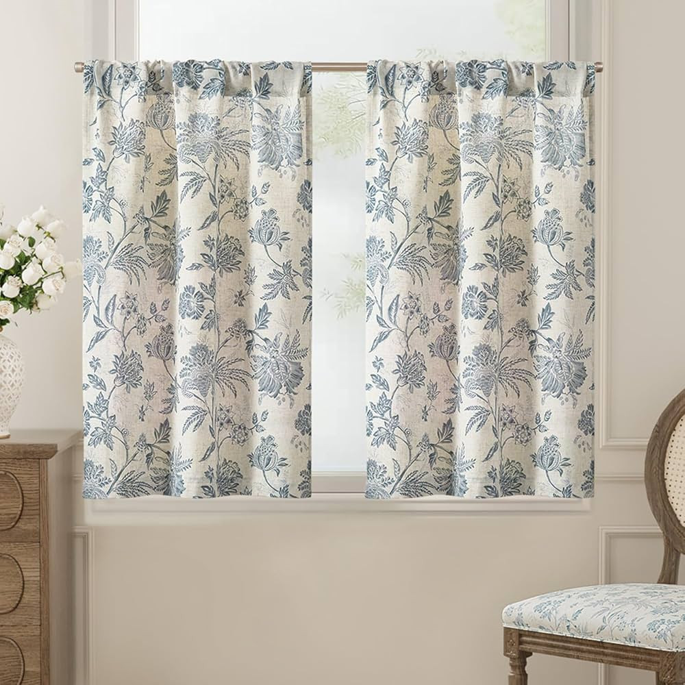 jinchan Floral Linen Tier Curtains 36 Inch Farmhouse Cafe Curtains Rod Pocket Country Flower Drap... | Amazon (US)