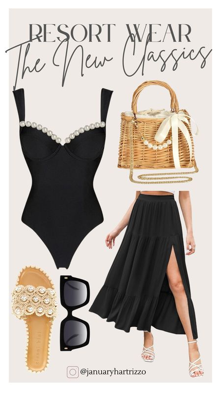 Summer vacation, beach vacation, cruise wear, spring outfit, black one piece swimsuit, straw bag, pearl sandals, black maxi skirt, black sunglasses, neutral style

#LTKstyletip #LTKswim #LTKover40