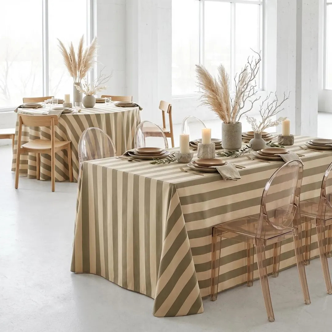 Beige Taupe Striped Tablecloth – Neutral Wide Stripe Table Cover for Minimal Dining Rooms Elega... | Etsy (US)