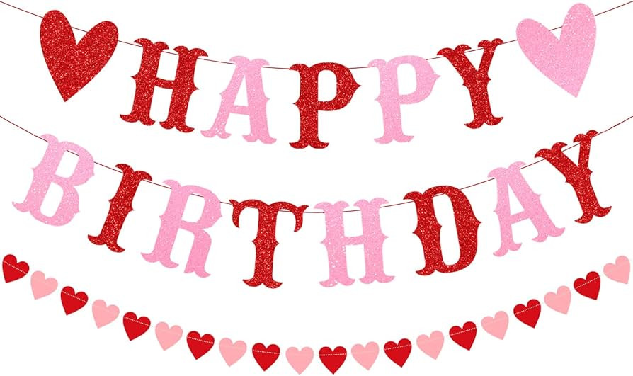 PTFNY Glitter Happy Birthday Banner for Valentine's Day Red Pink Glittery Valentines Day Happy Bi... | Amazon (US)
