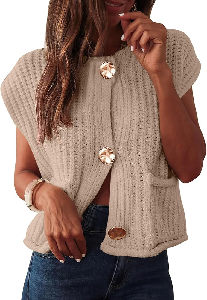 ANRABESS Womens Crop Sweater Vest Crochet Chunky Knit Button Down Sleeveless Cardigan with Pocket... | Amazon (US)