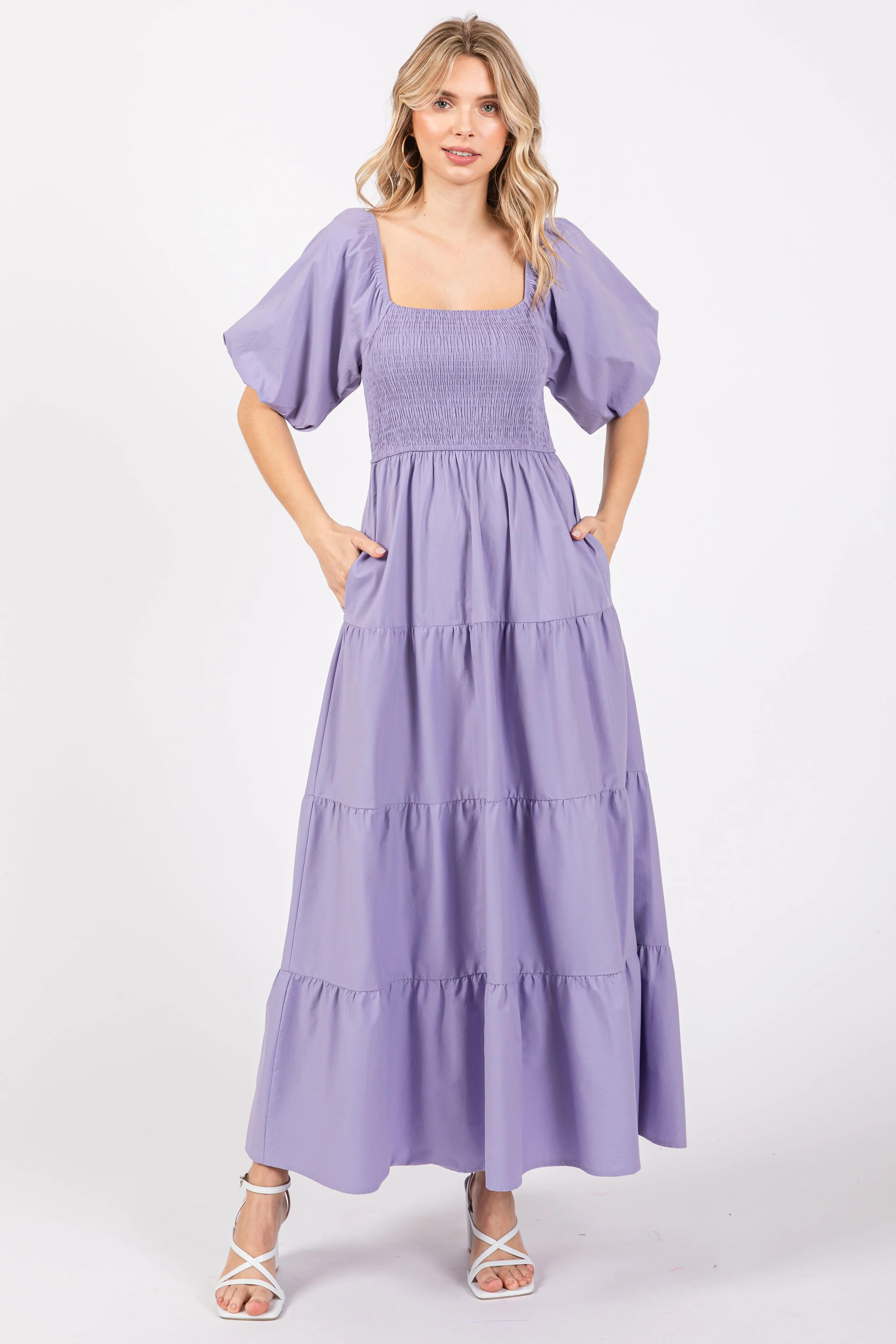 Lavender Smocked Square Neck Puff Sleeve Tiered Maxi Dress Medium | Casual Chic Boutique