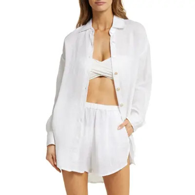 Vitamin A® Playa Oversize Linen Cover-Up Shirt in Summer Bloom Eco Linen at Nordstrom, Size Medium | Nordstrom