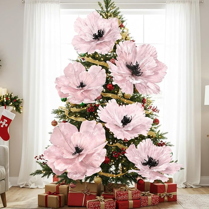 Janinka 6 Pcs Extra Large Christmas Flowers 22'' 12'' Pink Magnolia Artificial Flowers Velvet Chr... | Amazon (US)
