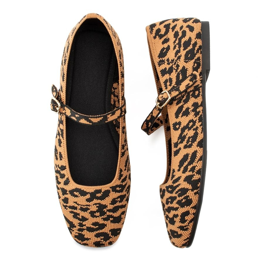 Zapatos planos de punto para mujer con punta cuadrada, zapatos planos casuales con correa para el... | Amazon (US)