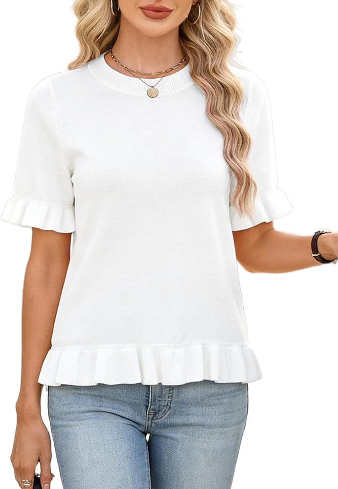 Dqbeng Womens Short Sleeve Sweater Ruffled Hem Knit Pullover Crewneck Lightweight Spring Summer C... | Amazon (US)