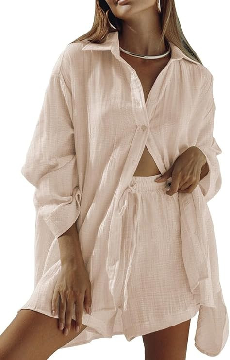 Fixmatti Women 2 Piece Outfits Long Sleeve Button Down Blouse and Shorts Sweatsuit Sets | Amazon (US)