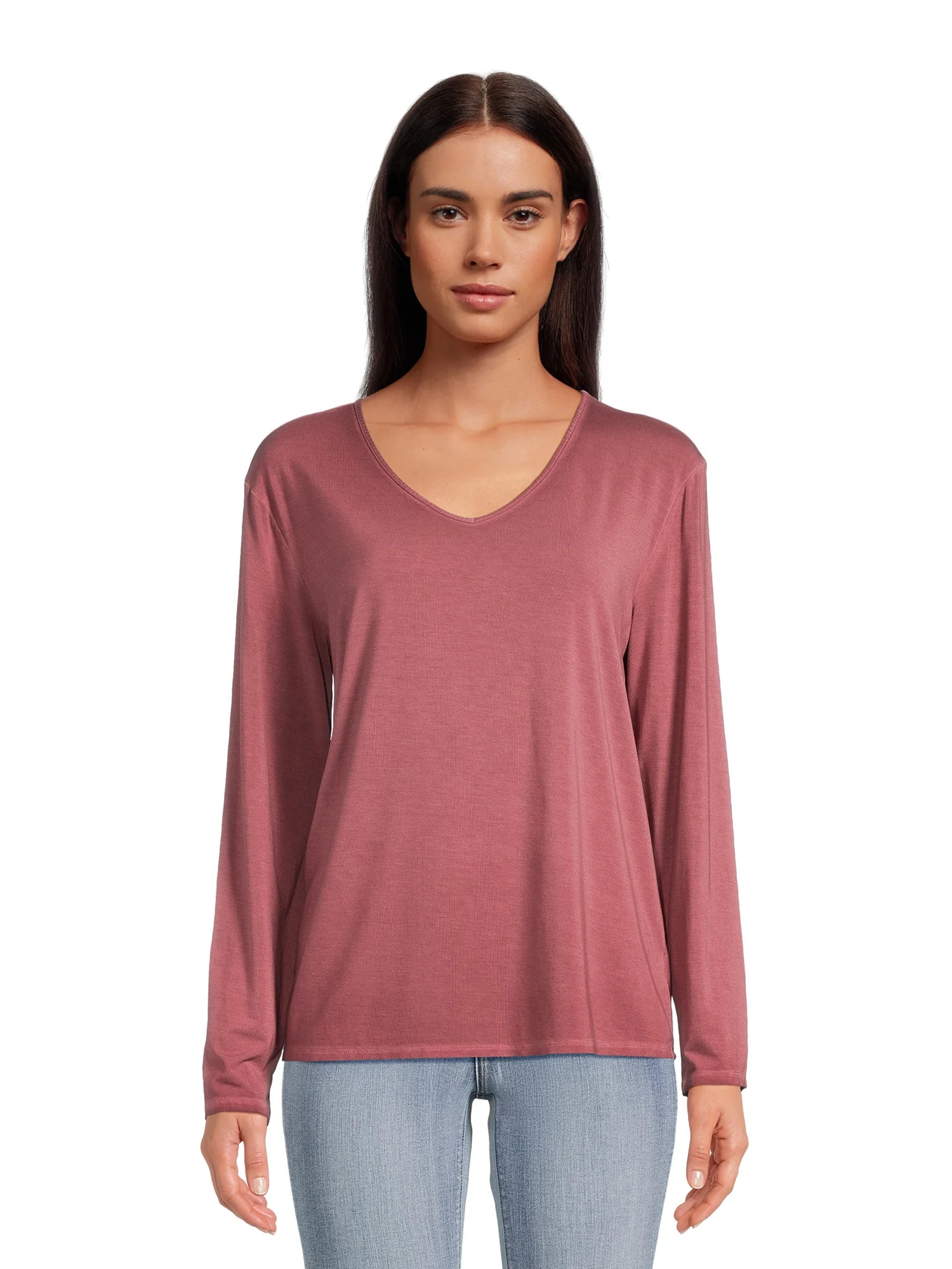 Time and Tru Women's Washed V-Neck T-Shirt with Long Sleeves, Sizes XS-XXXL | Walmart (US)