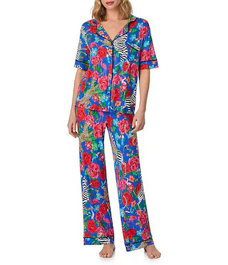 Safari Floral Print Short Sleeve Notch Collar Jersey Knit Long Pajama Set | Dillard's