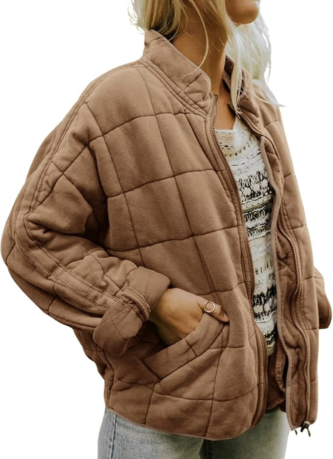 Womens Dolman Lightweight Quilted Jackets Zip Up Long Sleeve Solid Color Stand Neck Warm Winter O... | Amazon (US)