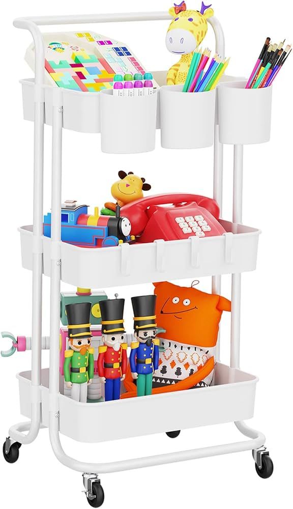 LEHOM 3-Tier Rolling Utility Cart with Hanging Cups & Hooks & Handle, Plastic Art Cart Organizer ... | Amazon (US)