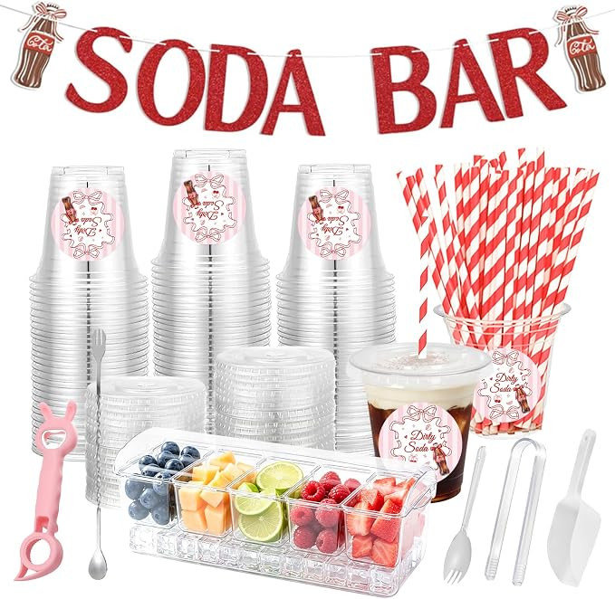 212 Pcs Dirty Soda Bar Supplies Party Drinkware Kit Red Bow Soda Bar Banner | Condiment Tray Sets... | Amazon (US)