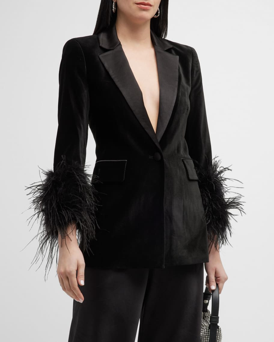 Alice + Olivia Yona Feather-Sleeve Velvet Blazer | Neiman Marcus