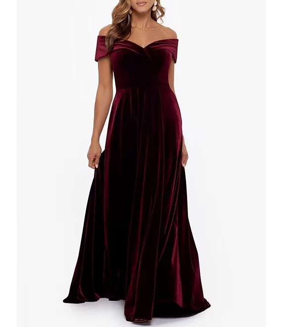 Xscape Off-the-Shoulder Short Sleeve Velvet A-Line Gown | Dillard's | Dillard's