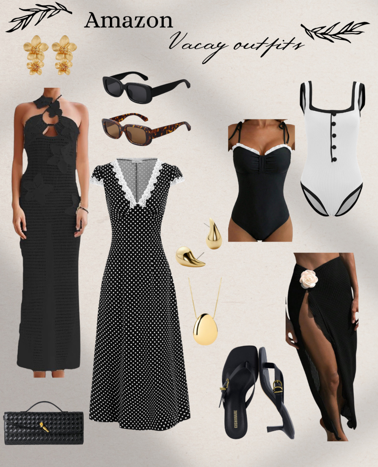 Amazon Vacay Outfits 🖤
Chic, timeless, and giving effortless European summer energy — all from Amazon ✨

From beach days to dinner nights, these black & neutral pieces are the easiest way to look elevated on vacation 🤍

Which look are you packing first? 🖤

#amazonfashion #vacationoutfits #resortwear #blackoutfits #oldmoneystyle #springoutfits #europeansummer #coastalstyle #amazonfinds #ltkstyle #minimalstyle #chicoutfits #summeroutfits #capsulewardrobe #neutralstyle
#LTKootd #LTKgrwm #LTKOver40 #LTKSeasonal

spring outfits 2026, spring dresses, vacation outfits beach, date night outfits, two piece swimsuit, bikini, beach bag, one piece swimsuit, beach cover up, beach dress, black dress, evening bag, sunglasses 

#LTKSaleAlert #LTKSwim #LTKTravel