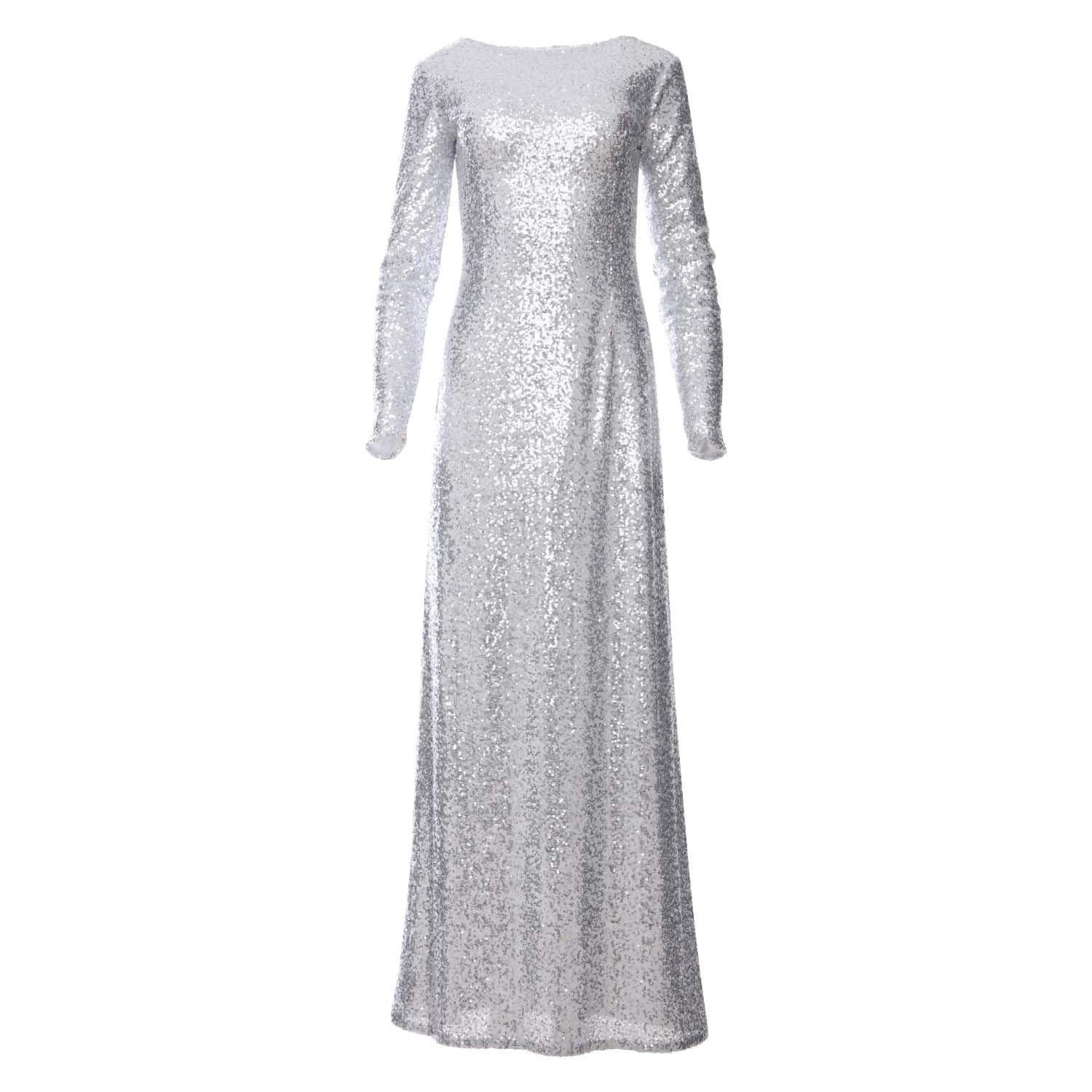 Amal Silver Sequin Glitter Maxi Dress With Long Sleeves | Wolf & Badger (US)