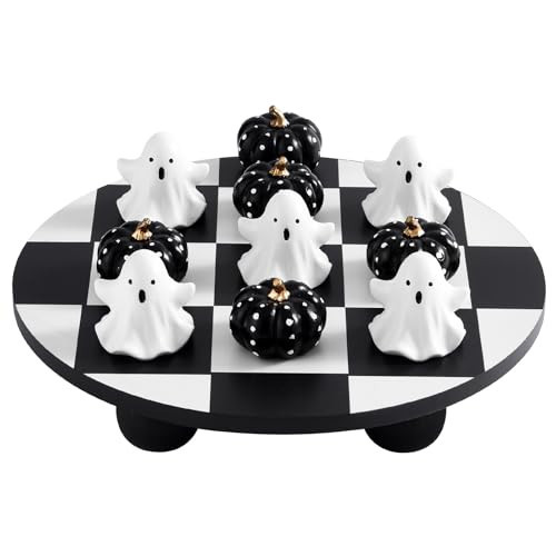 Tic Tac Toe Game Set with Cute 3D Resin Pumpkin&Ghost Pieces, 9.88" Round Wood Checker Board, Fun Coffee Table Decoration, Indoor Home Decor Tic Tac Toe for Office Party, Gift, Black&White | Amazon (US)