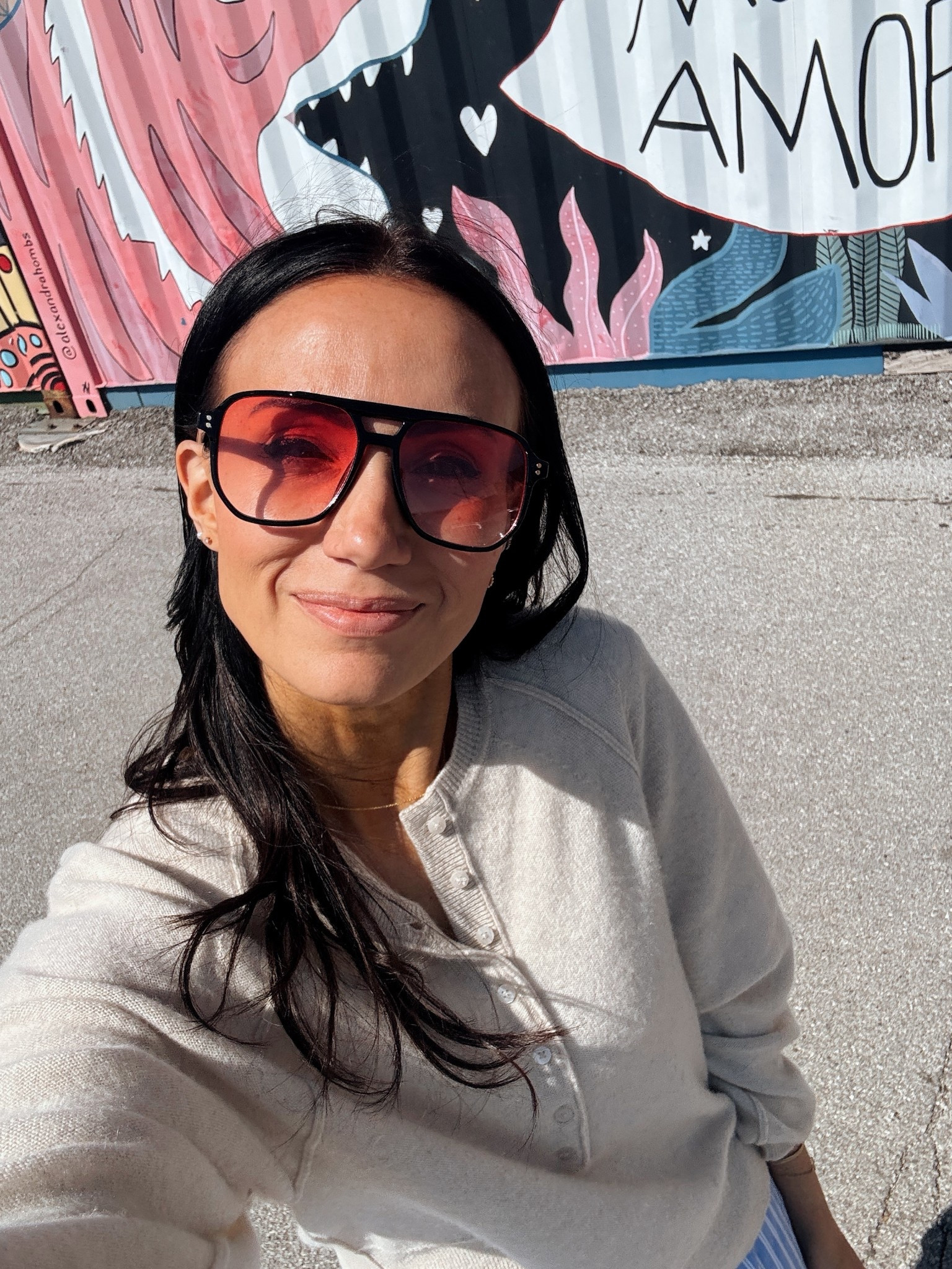 Sunny day- rose colored glasses and my favorite lightweight sweater. I wear XS.