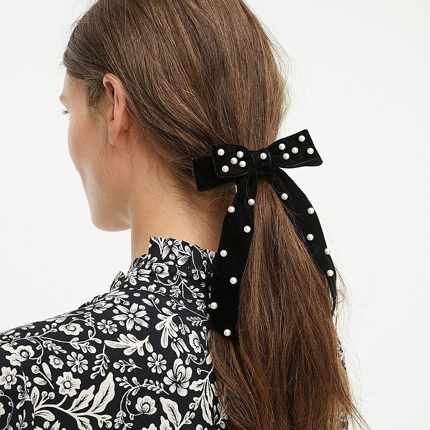 Velvet bow hair tie with pearls | J. Crew US