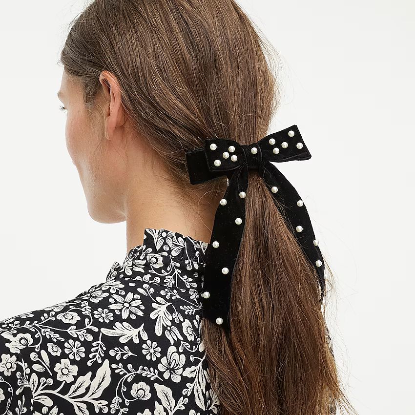 Velvet bow hair tie with pearls | J.Crew US