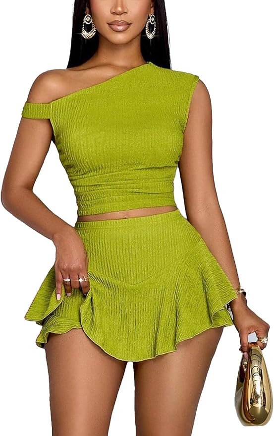Narecte Womens One Shoulder Crop Top Ruffle Mini Skirt Ribbed Knit 2 Piece Set Club Outfits for W... | Amazon (US)