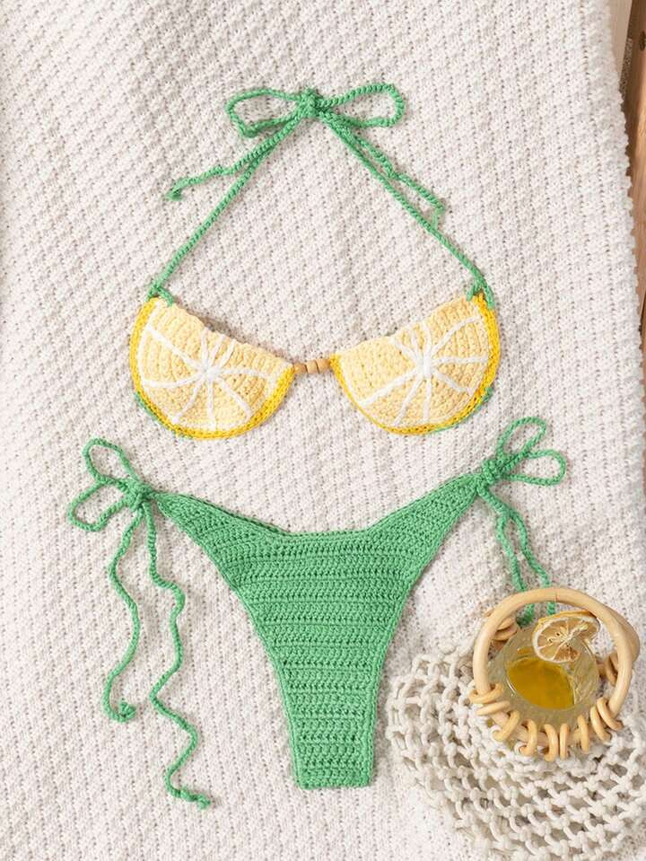Swim Mod Simple Lemon Crochet Bikini Set Top & Bottom , Fashionable Casual Everyday Wear, Summer Beach Vacation | SHEIN