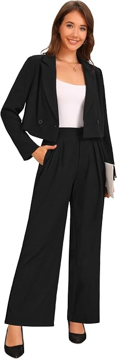 Allegra K Women's 2 Piece Set Business Casual Outfit Notched Lapel Crop Jacket Wide Leg Pant Work... | Amazon (US)