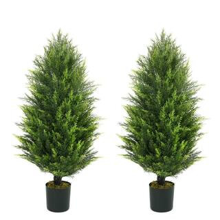 3 ft. Green Artificial Cedar Tree, Natural Faux Plants for Outside Planter with Dried Moss, UV Re... | The Home Depot
