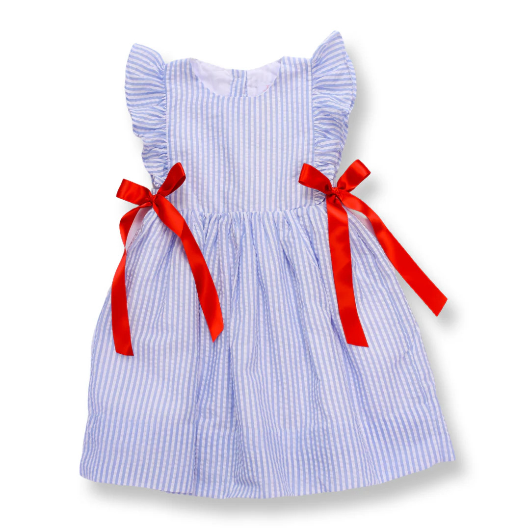 Blue Seersucker Patriotic Dress with Red Bows | Lillie & Lilah