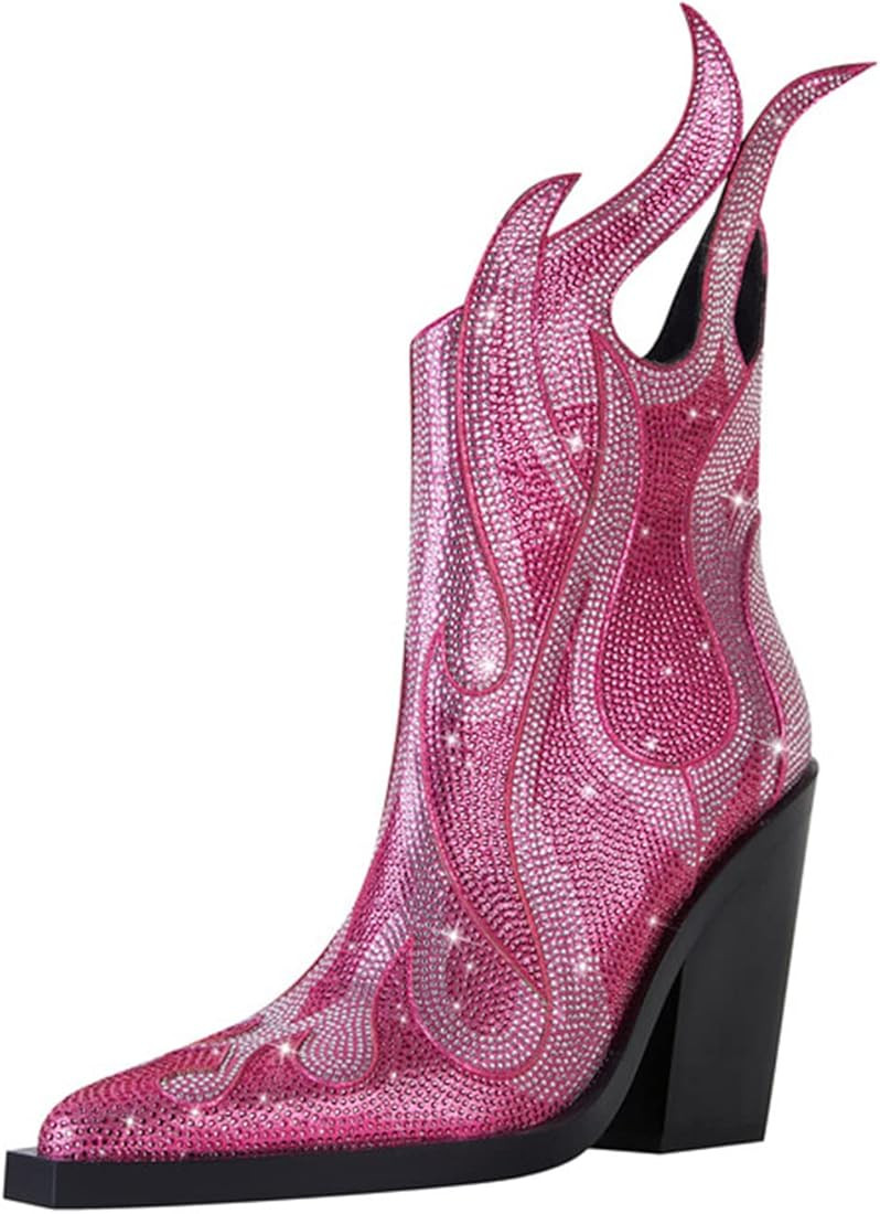 Goolita Sparkly Rhinestone Western Cowboy Boots For Women Pointed Toe Chunky Heel Ankle Boots Fas... | Amazon (US)