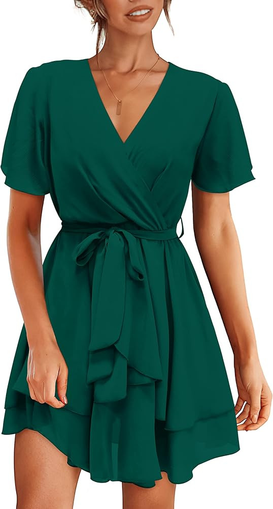 BTFBM Women 2023 Fashion Faux Wrap V-Neck Dresses Short Sleeve High Waist Belt Swing Ruffle Hem A... | Amazon (US)