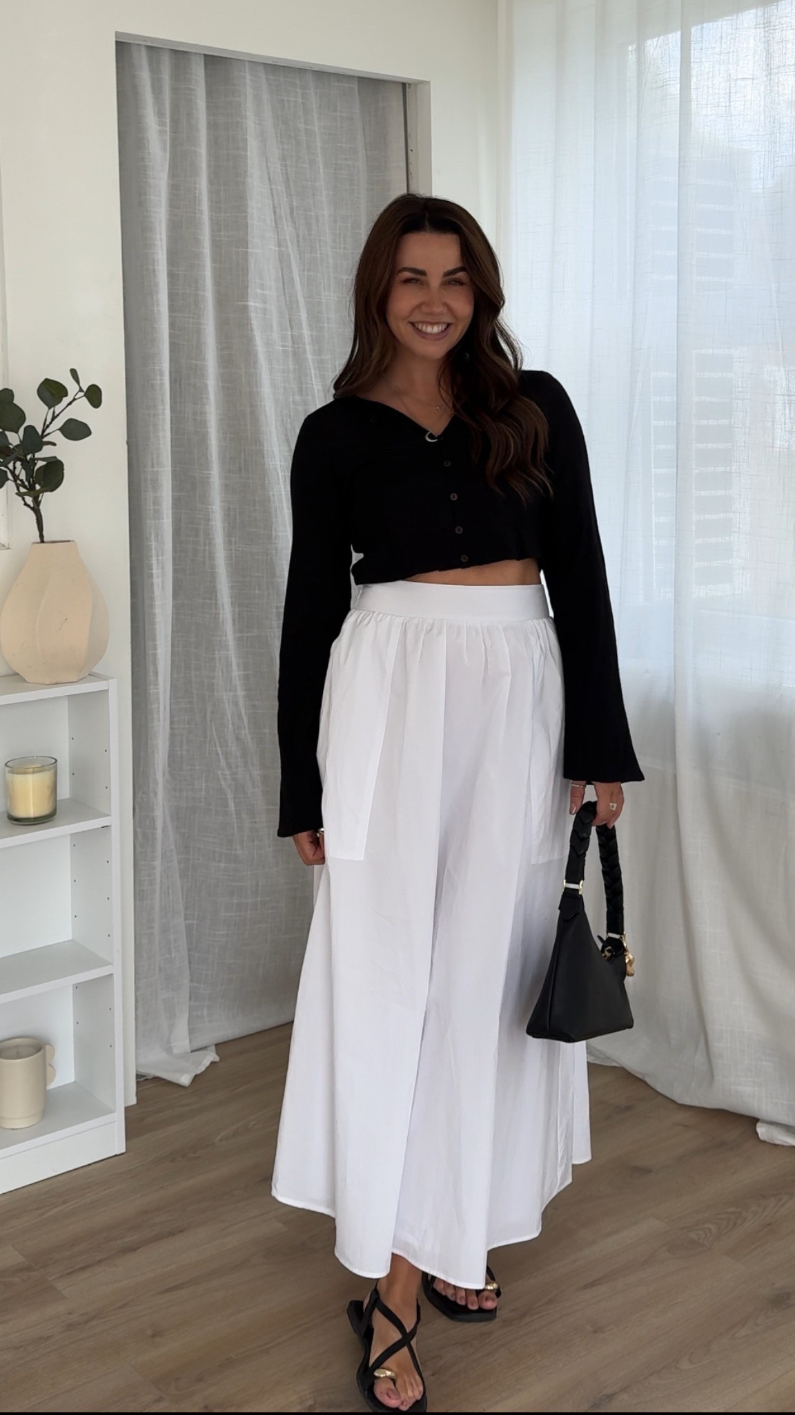Styling a circle structured maxi skirt with linen long sleeve top, black simple bag and black sandals with gold detailing. A great easy summer outfit 

#LTKsummer #LTKuk #LTKdatenight