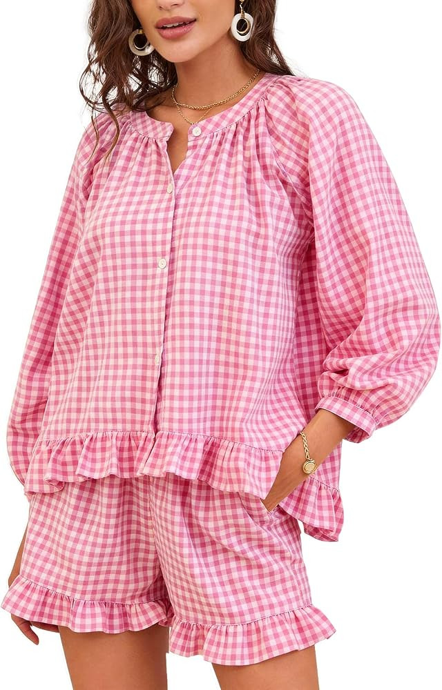 Flygo Women Gingham 2 Piece Pajama Sets Y2K Plaid Ruffle Short Sets Raglan Sleeve Shirt Lounge Sh... | Amazon (US)