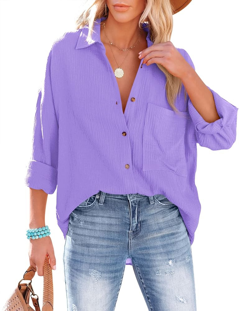 AISEW Womens Button Down Shirts Casual V Neck Long Sleeve Loose Fit Collared Plain Blouses Tops w... | Amazon (US)