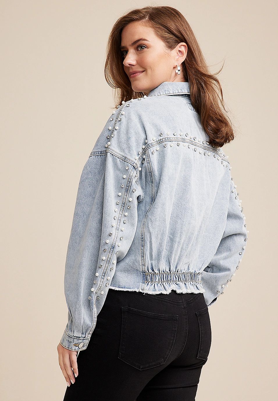 Embroidered Pearl Studded Denim Jacket | Maurices