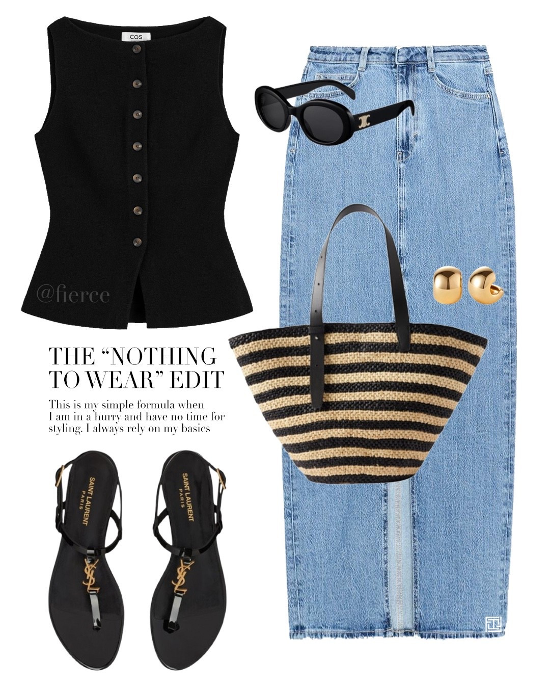Denim skirt black knitted waistcoat striped raffia tote bag Ysl Cassandra sandals casual summer outfit 

#LTKeurope #LTKuk #LTKspring