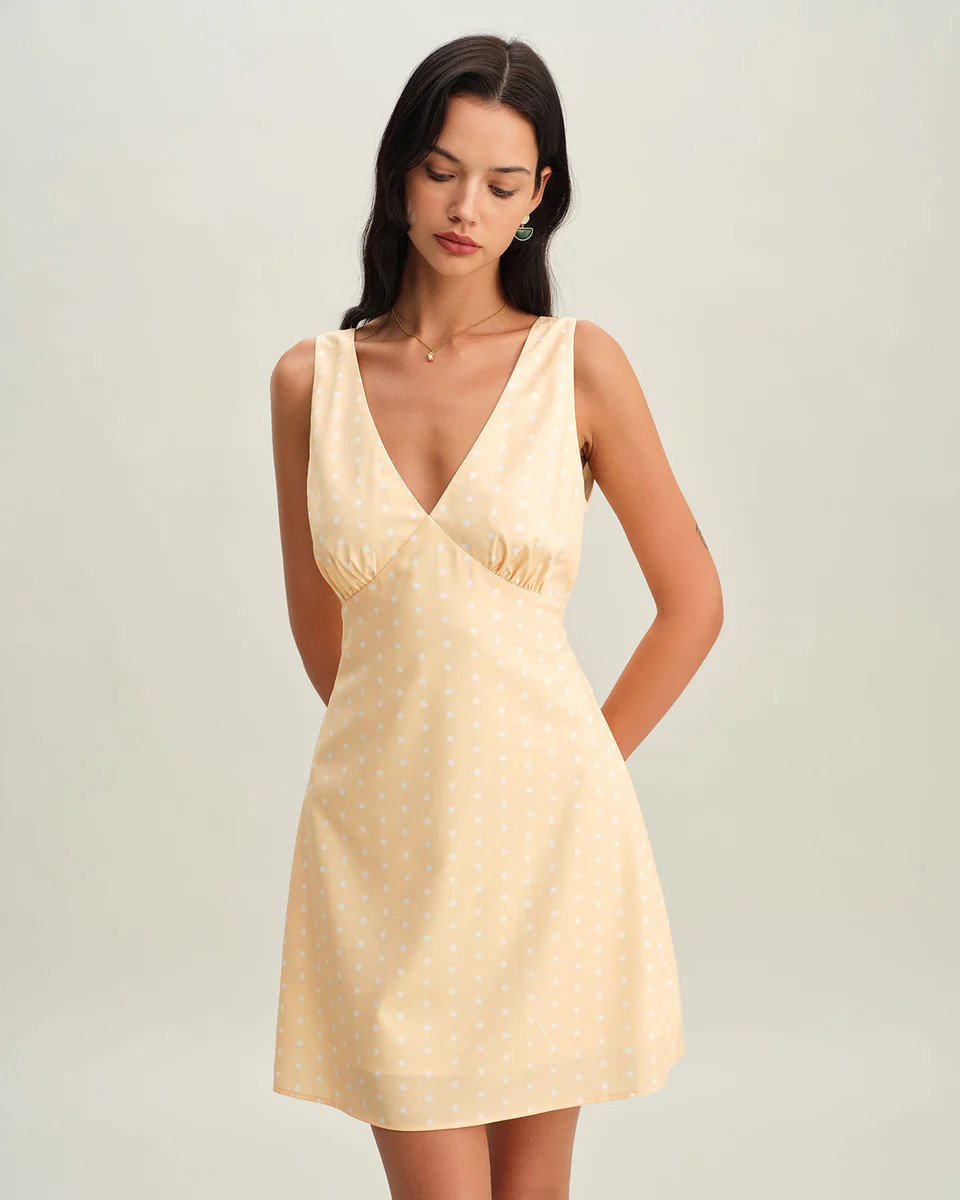 Yellow V Neck Polka Dot Sleeveless Mini Dress | rihoas.com