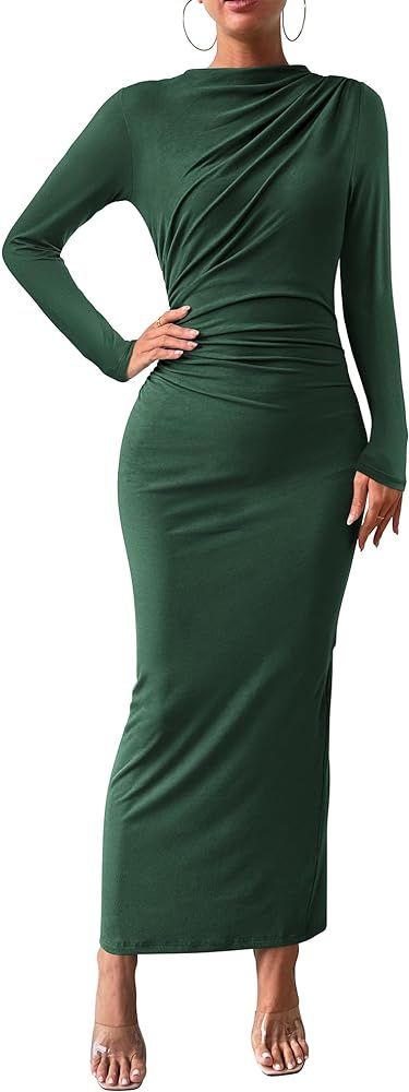 BTFBM Women Bodycon Maxi Dress Long Sleeve Back Slit Ruched Elegant Party Cocktail Formal Fall We... | Amazon (US)