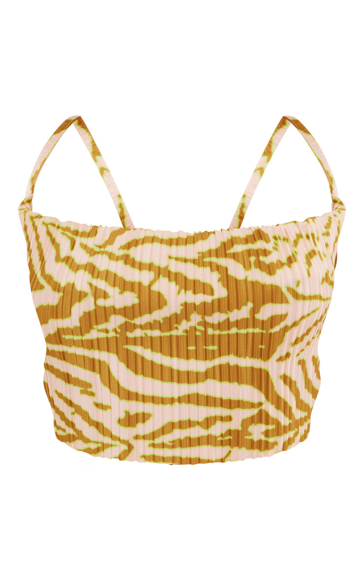 Green Zebra Print Plisse Strappy Cowl Neck Top | PrettyLittleThing US