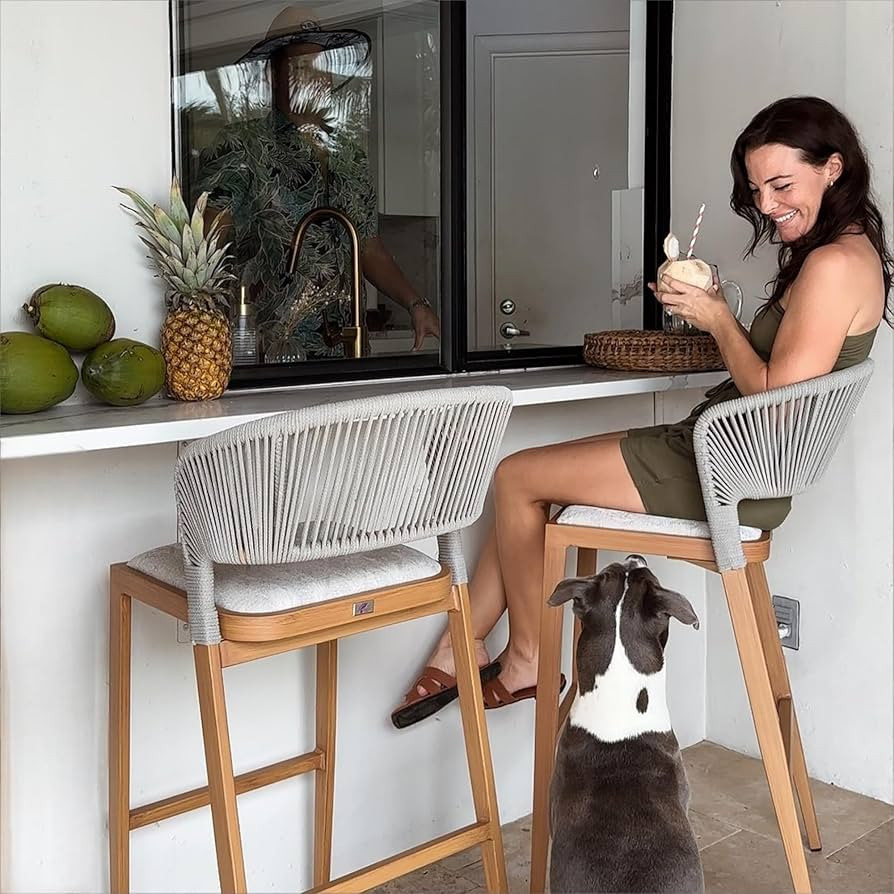 PURPLE LEAF Set of 2 Bar Stools Outdoor Barstools with Footrest Metal Bar Height Stools Wicker Te... | Amazon (US)