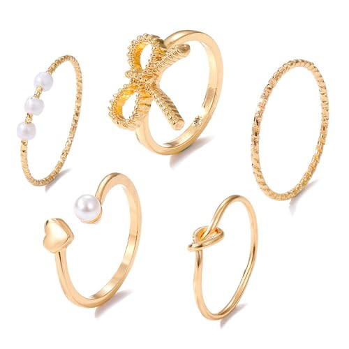 HUASAI Gold Bow Ring Set for Women Trendy Ribbon Bow Knot Rings Cute Pearl Ring Silver Stackable Rings Adjustable Open Knuckle Rings Dainty Jewelry Gifts | Amazon (US)