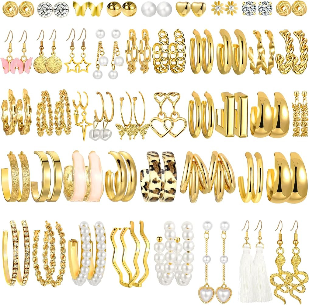 45 Pairs Gold Hoop Earrings Set for Women Girls, Fashion Hypoallergenic Chunky Hoops Earring Pack... | Amazon (US)