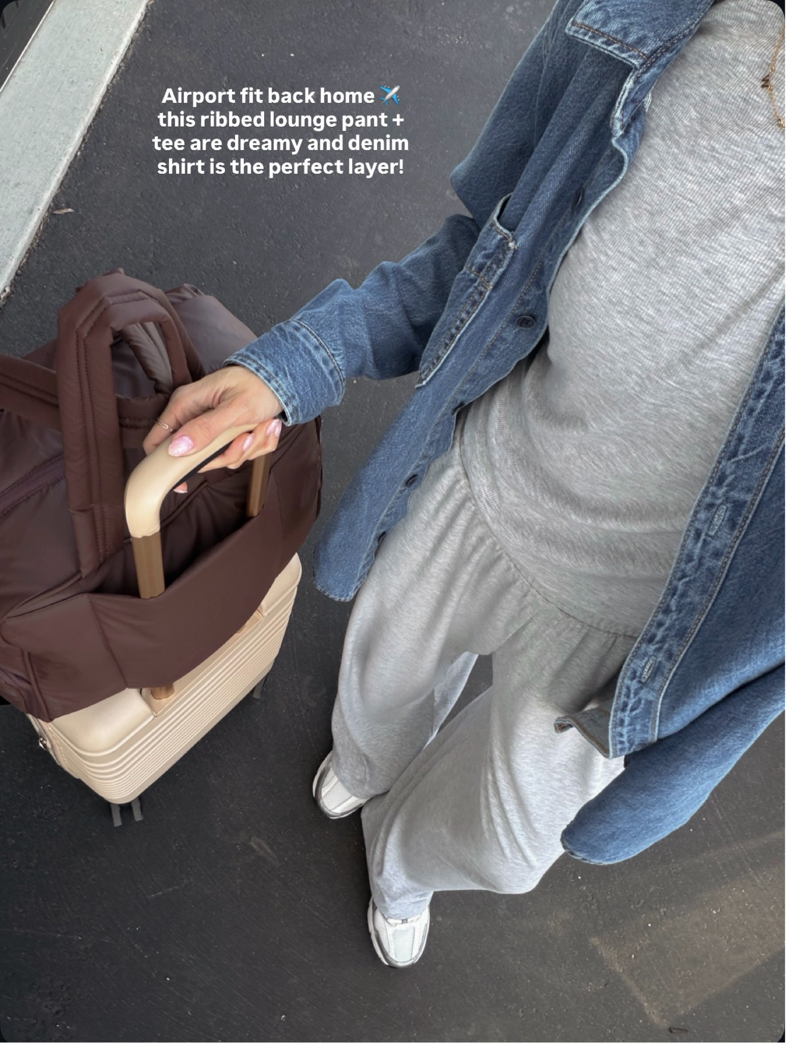 Airport outfit ✈️ 
True to size S in ribbed tee and matching lounge pants, sized up to a L in the denim shirt for an oversized fit!

Travel outfits / comfy ootd 

#LTKootd #LTKSaleAlert #LTKTravel