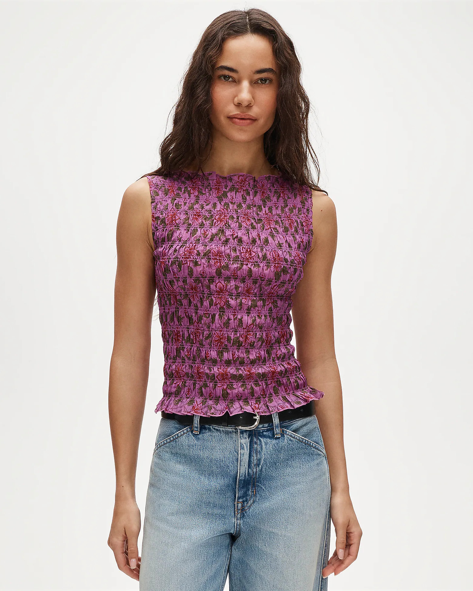 Smocked shell tank top in floral-print ramie | J. Crew US